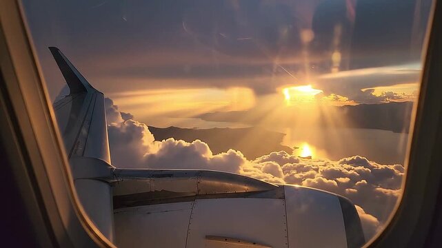 Looking out of an airplane window piercing through stormy clouds at golden sunset, sharp rays of light illuminating turbulent cloud formations