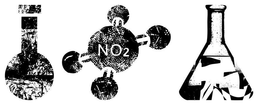 Chemical compound NO₂ molecule depicted with atomic bonds, flasks, and beakers in halftone style, science education illustration, chemistry diagram, lab equipment, molecular model.