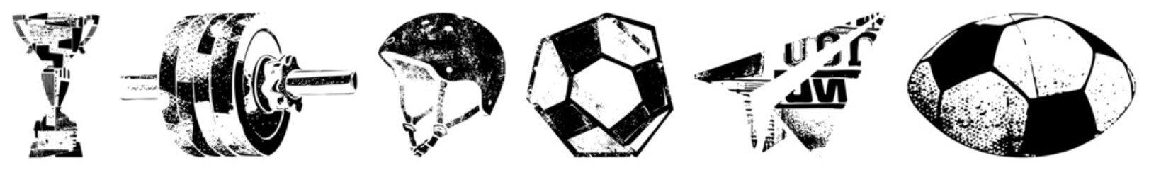 Obraz premium Retro trophy, weightlifting barbell, motorcycle helmet, soccer ball, dartboard, rugby ball stylized black and white vector with halftone texture and distressed grunge effect.