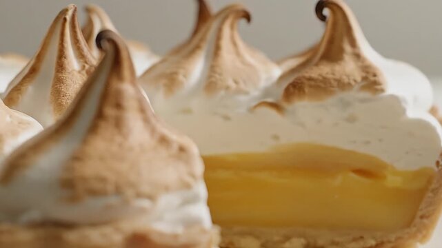 Gourmet lemon meringue pie close-up with glossy toasted meringue and vibrant yellow lemon curd