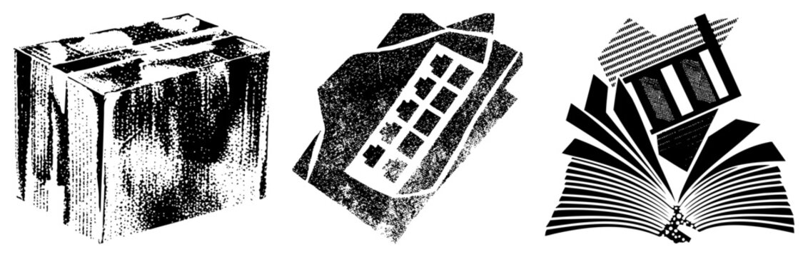 Geometric book with open pages, calculator with keypad, cube with texture, halftone, vector art,, graphic design element.