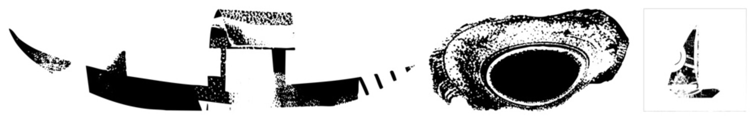 Stylized black and white vector forms with halftone texture, graphic shapes, isolated elements, modern minimalism, digital art composition.