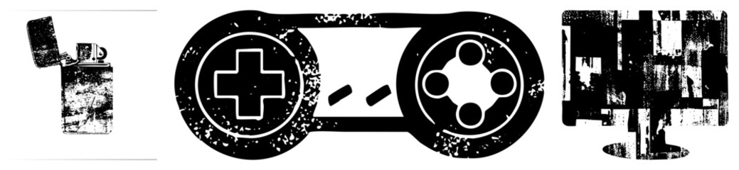 Obraz premium Classic gaming controller with directional pad and analog sticks, vintage lighter with open flame, retro computer monitor with glitch effect. Retro tech, isolated vector graphics.