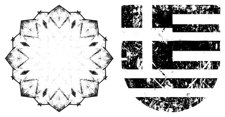 Fototapeta premium Symmetrical snowflake design with angular facets, paired with bold letter E, distressed texture, graphic art, vector illustration, isolated elements.