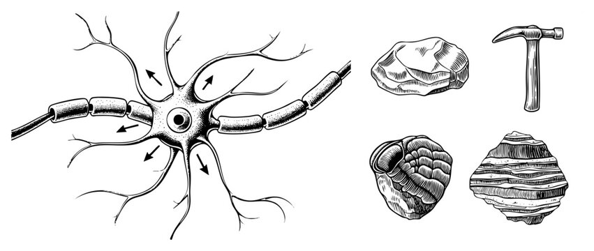 Neurological cell diagram showing synaptic transmission, alongside prehistoric stone artifacts including hammer and flint tools, engraved art.