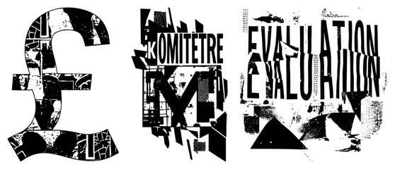 Fototapeta premium Graphic design logos using fragmented collage style, bold typography, black and white, abstract shapes, urban textures, modernist composition.