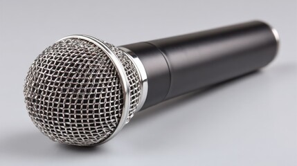 A black microphone with silver mesh on a smooth background