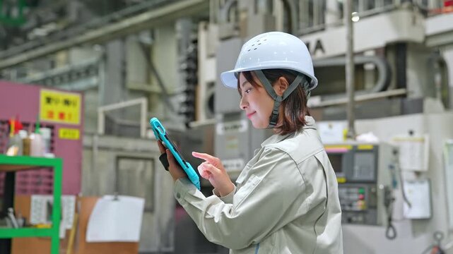 タブレットを持って工場機械を点検する女性作業員