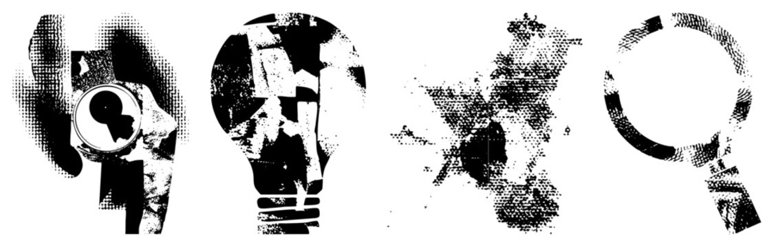 Vector halftone graphics of camera, lightbulb,, magnifying glass abstract tech symbols, isolated design elements, digital art, conceptual.