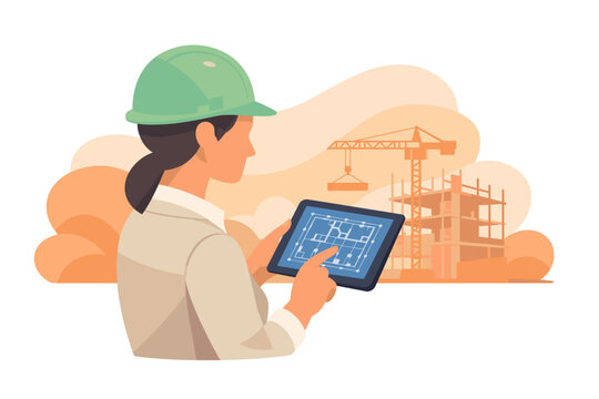 Woman engineer with tablet at construction site.