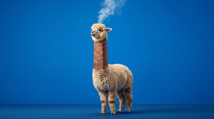 Fototapeta premium Alpaca with a brick chimney neck emitting smoke on a blue background