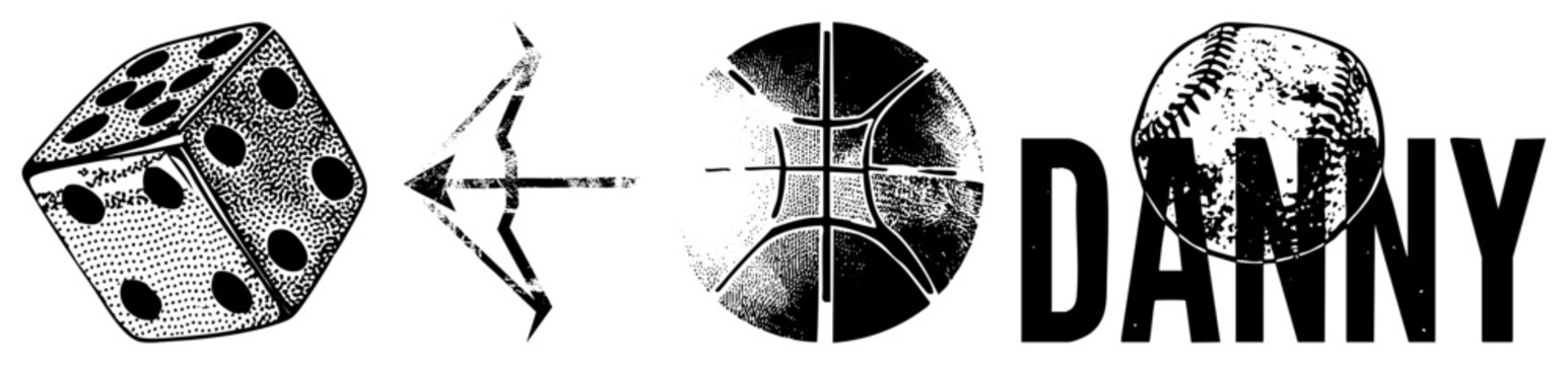 Classic dice with pips, arrow bow, textured basketball, baseball with, bold "DANNY" text, halftone style, retro sports.