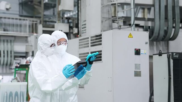 半導体工場でタブレットを持ってシリコンウエハーを点検する防護服を着た男女作業員