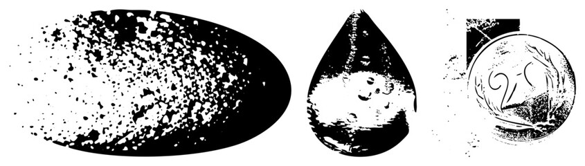Grunge ink splatter, textured oval, water droplet with halftone, stylized coin graphic, vector art, isolated design elements, artistic texture.