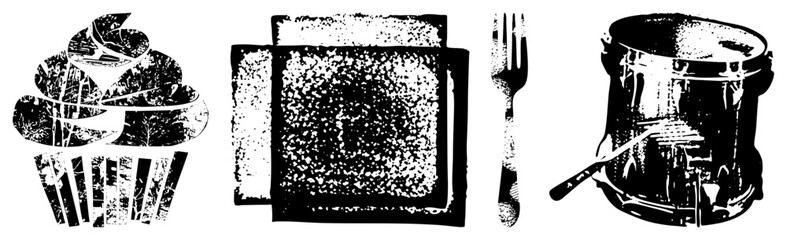 Fototapeta premium Retro styled halftone illustrations of cupcake, toast, fork, and drum set graphic design elements, food and music, stylized vector art, black and white texture.