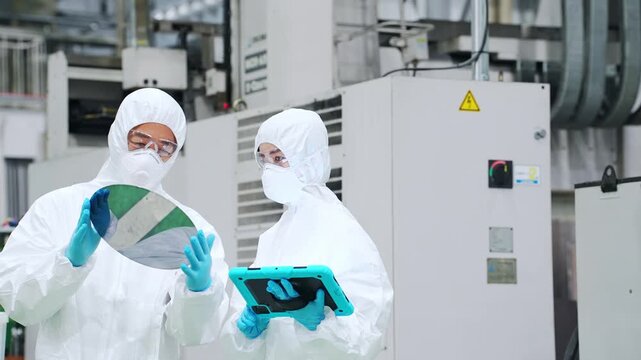半導体工場でタブレットを持ってシリコンウエハーを検査する防護服を着た男女作業員
