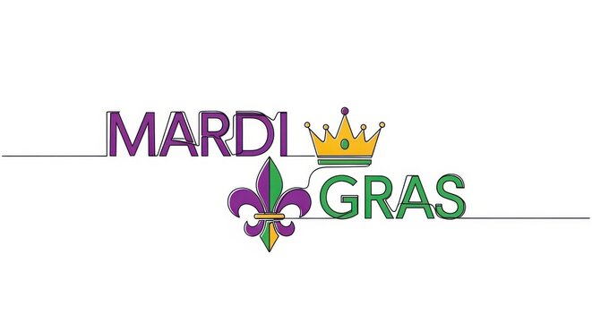 A minimalist single-line drawing spells out "Mardi Gras" with a crown and fleur-de-lis.