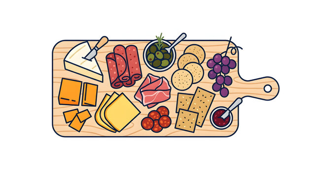 Charcuterie Board Illustration with Assorted Cheese, Meat, Fruits, and Crackers for Catering, Party Planning, and Restaurant Menu Design