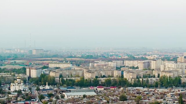 drone POV above residential districts aka microdistricts in Bishkek, Kyrgyzstan