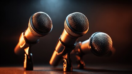 Obraz premium Close up view of several microphones angled towards center stage