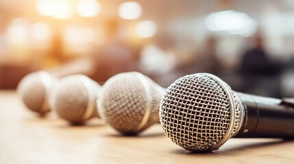 Obraz premium Close up view of several microphones on wooden surface