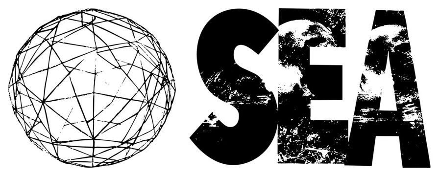Abstract wireframe globe with intersecting, bold grunge typography, design, digital vector art, isolated logo element.