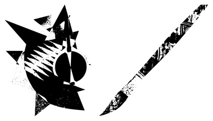 Fototapeta premium Bold black and white graphic featuring starburst and brushstroke elements, vector art, halftone texture, modern design, digital illustration.