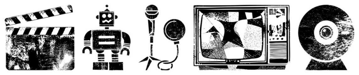 Obraz premium Retro including clapperboard, robot, mic, TV with static, and CD stylized symbols for film, tech, and entertainment.