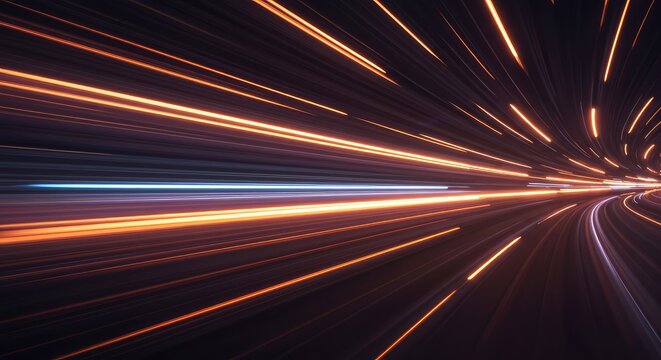 Abstract visualization of velocity and momentum. Dynamic lines and bright streaks flow rapidly across the frame, suggesting powerful forward movement, colorful, smooth, movement
