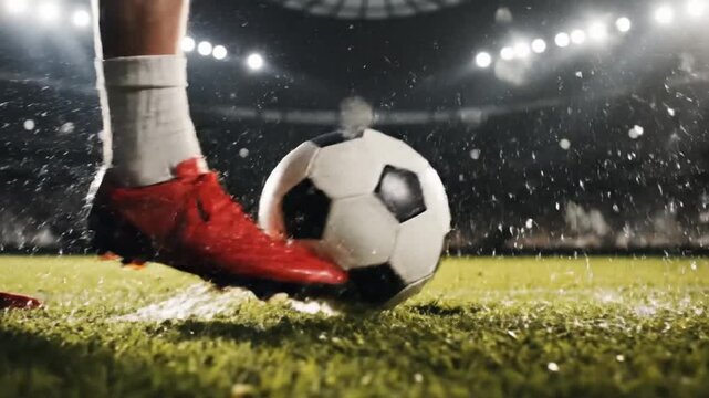 Cinematic side perspective of professional soccer cleat impacting leather ball with power, showcasing athletic motion, dynamic impact, and precision on green grass turf pitch.