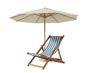 A stylish beach umbrella providing ample shade next to a comfortable striped wooden deck chair, perfect for summer holidays and relaxation on transparent background. on transparent background