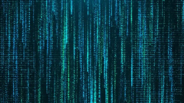 Glowing code streams in shades of green and blue falling against a dark backdrop
