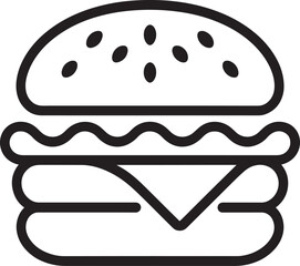 Simple black and white illustration of a cheeseburger with sesame seed bun isolated on transparent background