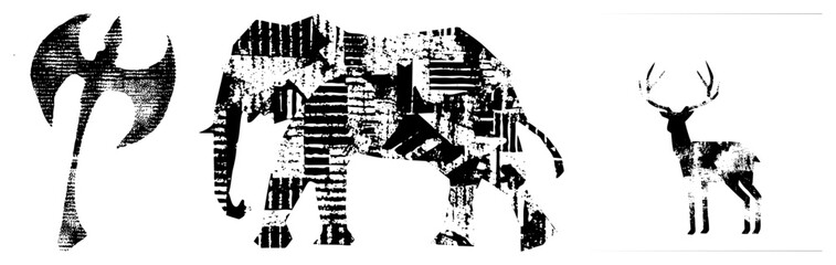Fototapeta premium Vector of, elephant, deer rendered in halftone dot, black and white, graphic design elements, isolated foregrounds.