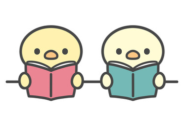本を開いて並んで座るひよこたちの手書きイラスト 　授業中　読書シーン © Nitomaru