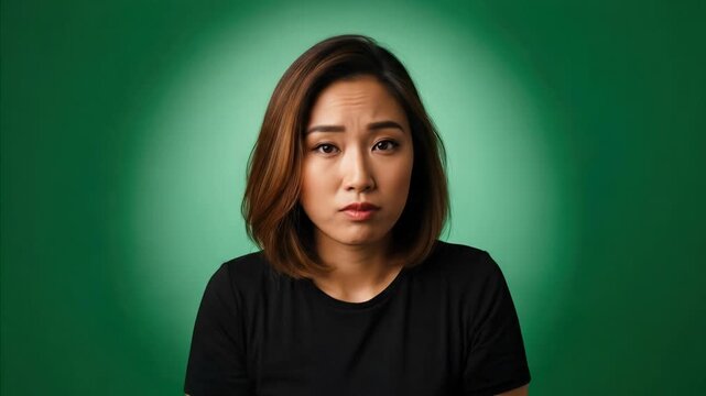Confused Woman Shrugs Shoulders with Questioning Expression on Green Background