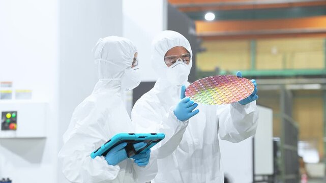 半導体工場でタブレットを持ってシリコンウエハーを検査する防護服を着た男女作業員
