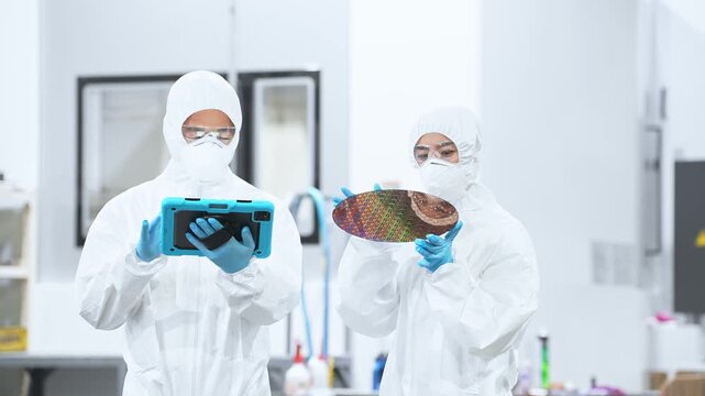 半導体工場でタブレットを持ってシリコンウエハーを検査する防護服を着た男女作業員
