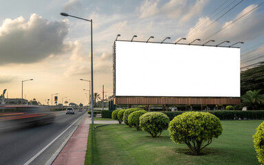 Obraz premium Large Blank Billboard on Grassy Roadside with Streetlights at Sunset