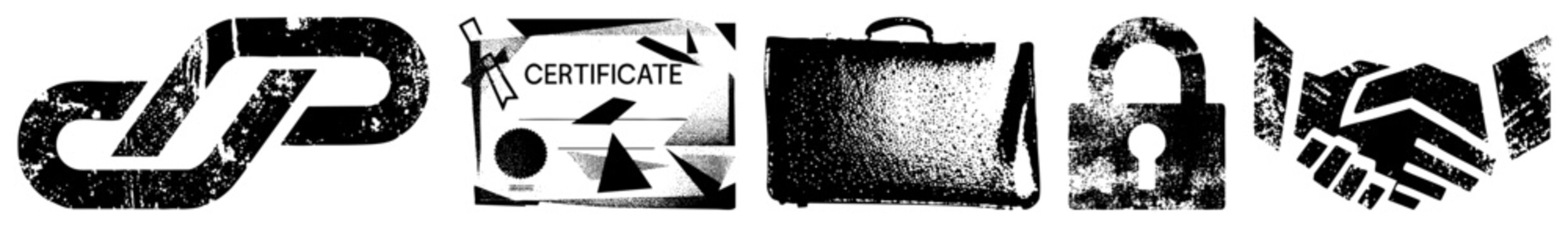 Vector symbols for certification, briefcase, lock, handshake, and stylized JP logo, all in gritty black and white halftone style for corporate or legal themes.