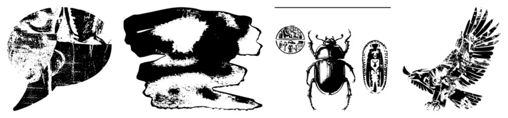 Egyptian beetle, winged, hieroglyphic seals, stylized profiles, ancient, sacred symbols, vector art.