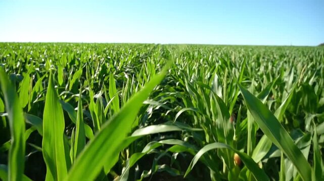 Vast green cornfield under clear blue sky on sunny day