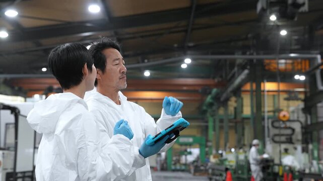 工場、DX、製造業、建設、テクノロジー、点検、メンテナンス、検査、保守、安全、確認、タブレット、女性、作業員、IIoT、スマート、ファクトリー、男性、オートメーション、産業、デジタルトランスフォーメーション、PC、日本人、管理、チェック、工業、モノづくり、エンジニア、人材、仕事、働く、防塵服、白衣、食品、衛生、清掃、洗浄、メーカー、梱包、包装、物流、倉庫、半導体、生産、マシンオペレーター