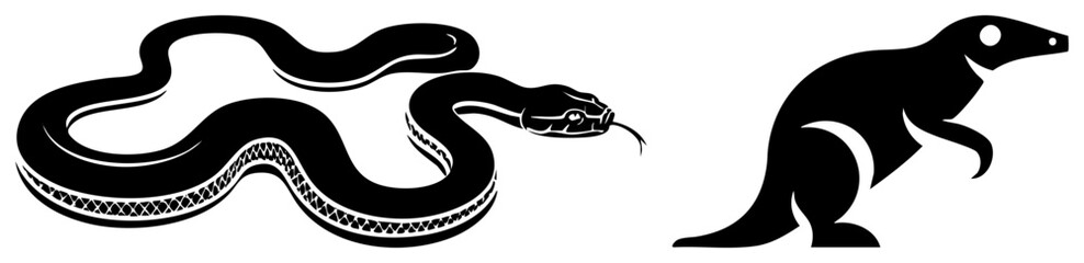 Fototapeta premium Stylized snake with scales and kangaroo in bold, vector graphic, isolated animal, flat design, minimalist wildlife symbols.