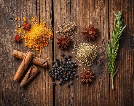 Rustic Culinary Ingredients with Mixed Spices and Fresh Rosemary on Dark Wood Surface