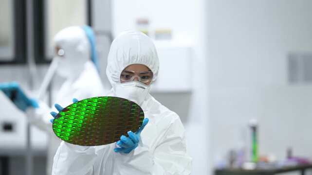 半導体工場でシリコンウエハーを検査する防護服を着た女性作業員