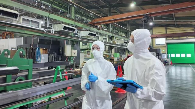 防護服を着て工場の中を歩く男女作業員