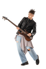 Naklejka premium Cool young man with dreadlocks playing electric guitar on white background