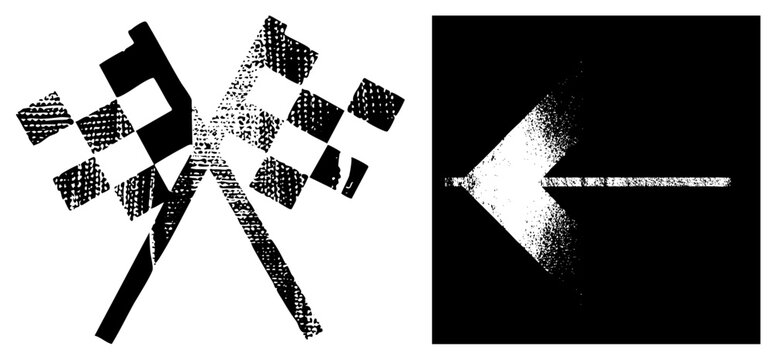 checkered racing flag with halftone texture, left pointing arrow with grainy white fill, vector for motorsport and navigation, isolated graphic elements.