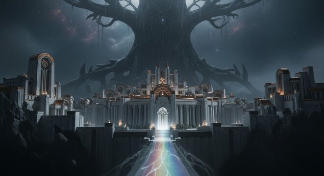 Symmetrical View of Asgard and Yggdrasil A Mythical Norse Realm of Glowing Stone and Dark Cosmic Frost